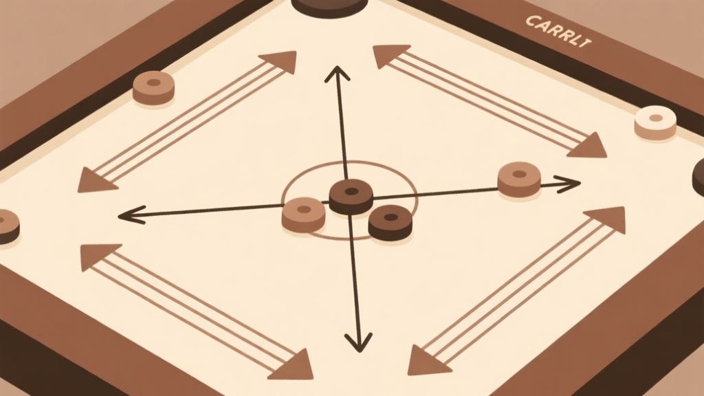 A top-down view of a Carrom board with strategic lines and arrows drawn in a minimalist style, overlaying the pieces, soft beige and brown color palette, clean and analytical illustration high quality illustration, detailed, 16:9