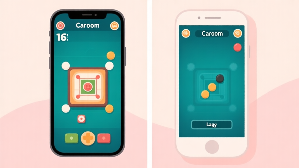 A split-screen smartphone comparison showing a smooth-running Carrom game on an older phone model versus a laggy version on a basic phone, soft pastel background, clean and minimal illustration style high quality illustration, detailed, 16:9
