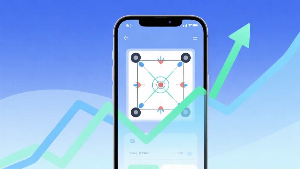 A minimalist abstract illustration showing a smartphone screen with a carrom board interface, gentle upward trend lines in soft blues and greens, symbolizing growth and future updates, clean and modern digital art style high quality illustration, detailed, 16:9