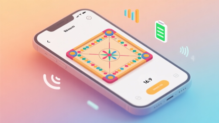 自动生成图片: A minimalist smartphone screen showing a colorful yet simple carrom board game interface, placed on a soft gradient background of warm and cool tones, with subtle data icons like signal bars and battery percentage floating around, clean and modern aesthetic high quality illustration, detailed, 16:9