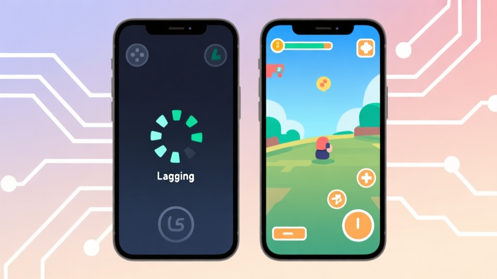 A split-screen smartphone illustration, one side showing a lagging game with loading icons, the other side showing smooth gameplay, on a soft gradient background with abstract circuit-like lines, minimalist and clean design high quality illustration, detailed, 16:9