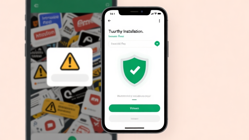 A smartphone screen showing a clean, trustworthy app installation process with a green shield security icon, contrasted with a chaotic screen full of intrusive pop-up ads and warning symbols, using a soft, muted color palette and minimalist illustration style high quality illustration, detailed, 16:9