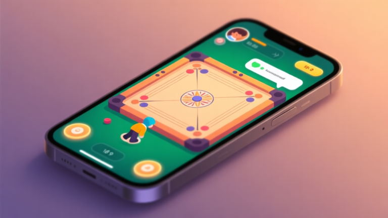 自动生成图片: A modern smartphone screen showing a vibrant digital carrom board mid-game, with a real-time player avatar and chat bubble visible, soft glowing interface, warm and inviting color palette, minimalist game UI design high quality illustration, detailed, 16:9