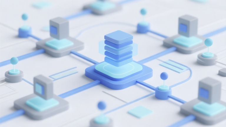 自动生成图片: Abstract digital network illustration with connecting nodes and pathways, soft blue and grey color scheme, representing data flow and matchmaking algorithms, clean and modern minimal design high quality illustration, detailed, 16:9