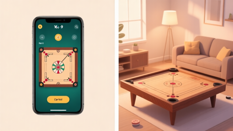自动生成图片: A split-screen illustration showing a smartphone with a carrom game interface on one side, and a traditional wooden carrom board in a cozy living room setting on the other, symbolizing the digital and classic versions. Soft warm lighting, minimalist style. high quality illustration, detailed, 16:9