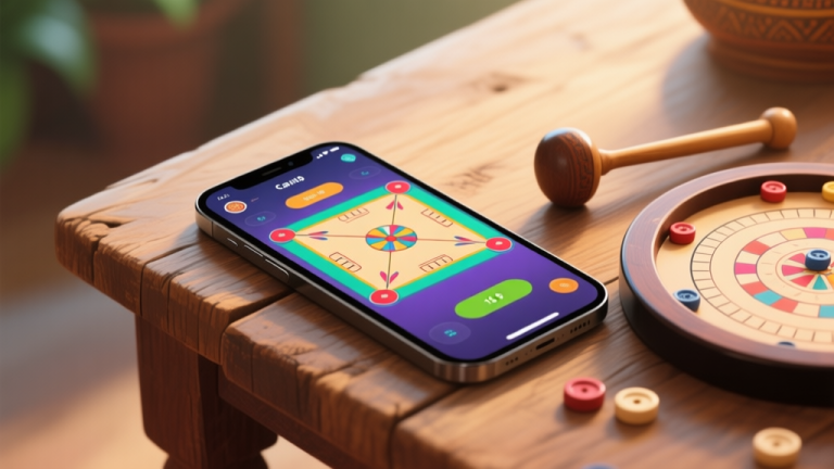 自动生成图片: A modern smartphone screen showing a vibrant digital carrom board game interface, placed on a rustic wooden table next to a traditional physical carrom striker and pieces, soft natural lighting, warm and inviting atmosphere high quality illustration, detailed, 16:9