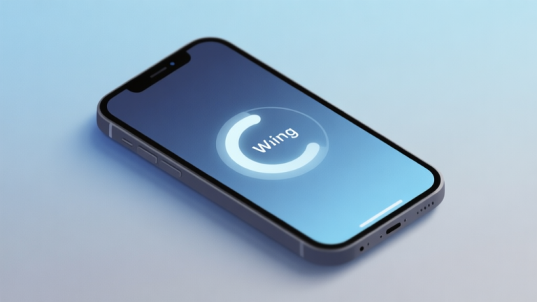 自动生成图片: A minimalist smartphone screen showing a stylized waiting animation with a rotating circle, placed on a soft gradient background of muted blues and greys, conveying a sense of anticipation and digital connection high quality illustration, detailed, 16:9