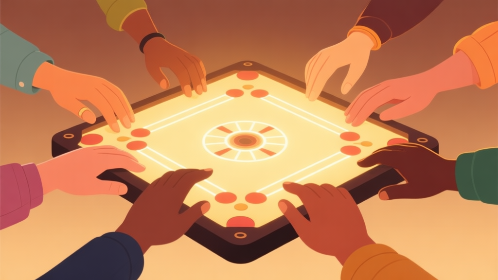 A warm, inviting illustration of a diverse group of hands interacting over a glowing digital Carrom board, set against a soft gradient background of earthy tones, symbolizing community and connection in online gaming high quality illustration, detailed, 16:9