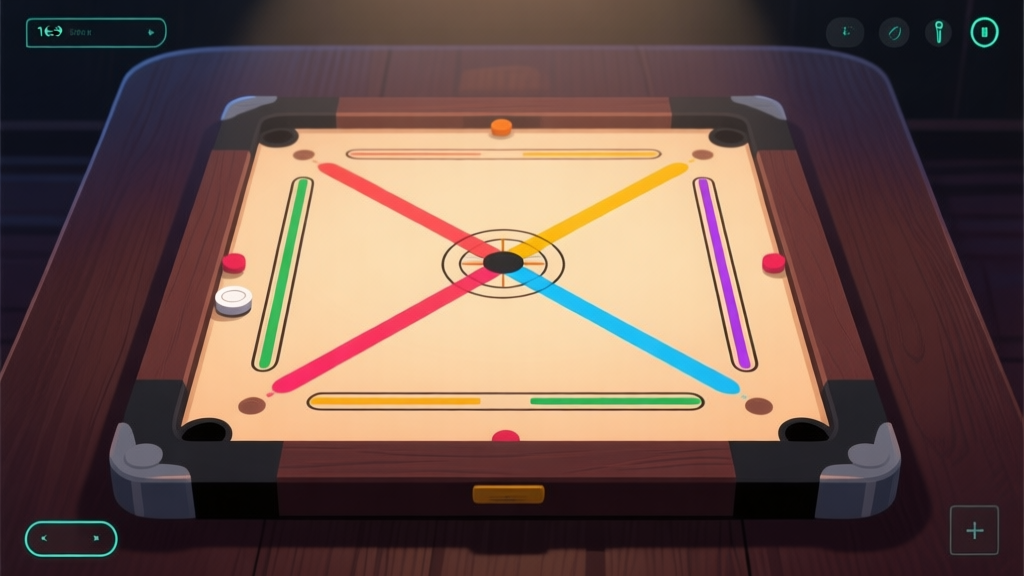 A top-down view of a digital carrom board with four distinct colored striker trails converging towards the center, on a dark wooden table background, soft ambient lighting, minimalist game UI elements visible at the edges high quality illustration, detailed, 16:9
