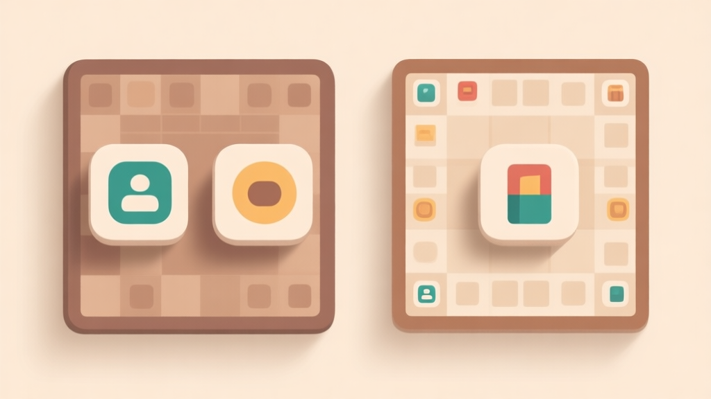 Abstract split-screen illustration showing two distinct game board concepts, one with paired icons and the other with individual icons, on a soft beige background, minimalist design with clean lines and gentle shadows high quality illustration, detailed, 16:9