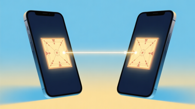 自动生成图片: Abstract illustration of two smartphones facing each other, with a glowing carrom board interface visible on both screens, connected by a subtle line of light, soft blue and warm yellow color palette, minimalist digital connection concept high quality illustration, detailed, 16:9