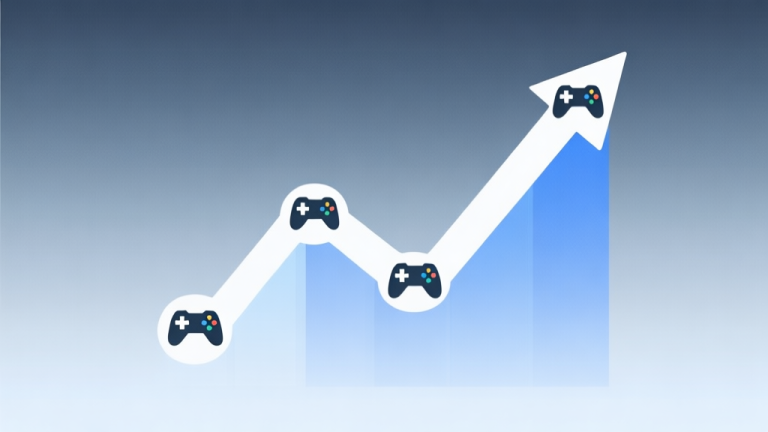 自动生成图片: A minimalist abstract illustration showing a rising trend line merging with game controller icons, on a soft gradient background of muted blue and grey, clean and professional data visualization style high quality illustration, detailed, 16:9