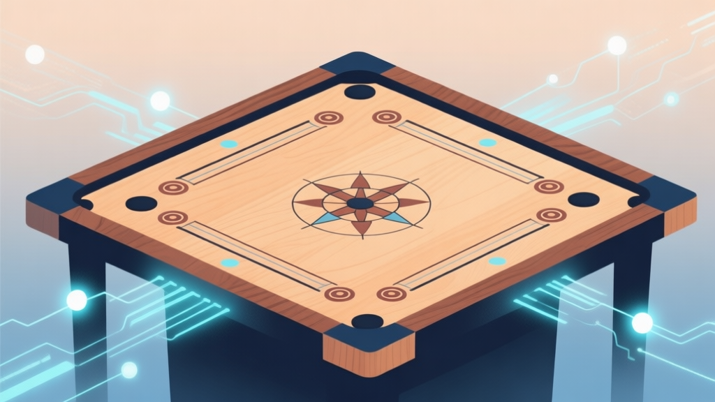 A modern, minimalist illustration showing a traditional Carrom board merging with digital elements like glowing connection nodes and subtle data streams, using a soft palette of warm wood tones and cool blues, clean lines, abstract style high quality illustration, detailed, 16:9