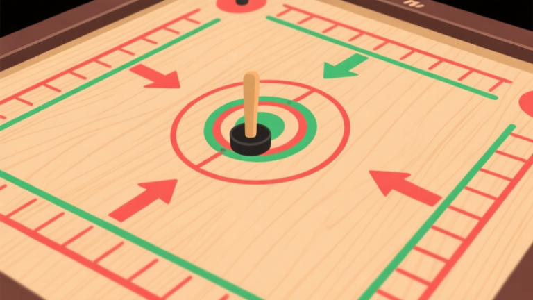 自动生成图片: Top-down minimalist illustration of a carrom board, focusing on the striker's placement zone. Arrows indicate correct and incorrect positions relative to the baseline and center line, using soft red and green highlights on a wooden texture background. high quality illustration, detailed, 16:9