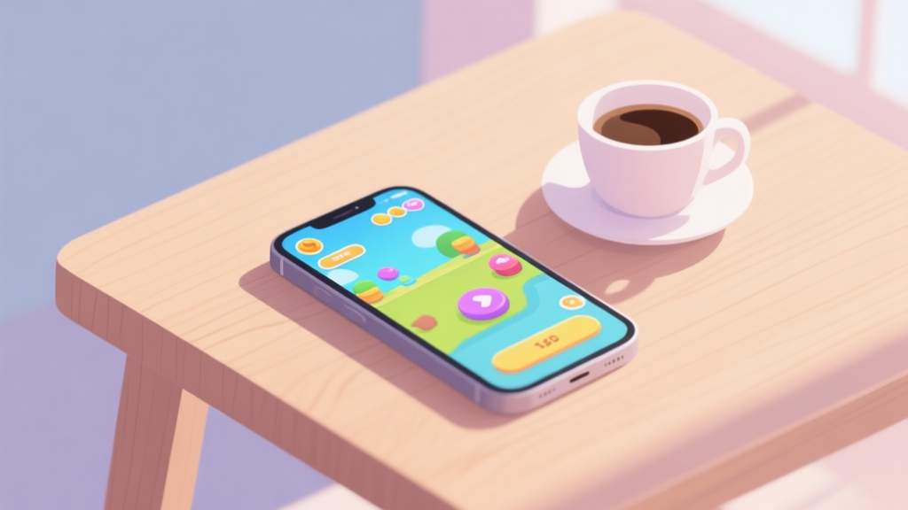 A modern, minimalist illustration of a smartphone screen showing a colorful casual game interface, placed on a wooden table with a cup of coffee, soft natural lighting, pastel color palette, clean and inviting composition high quality illustration, detailed, 16:9
