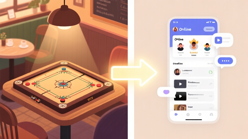 A split-screen illustration showing a traditional carrom board in a warm, cozy cafe setting on the left, and a modern digital interface with online leaderboards, video tutorials, and chat bubbles on the right, connected by a glowing arrow, soft neutral color palette high quality illustration, detailed, 16:9