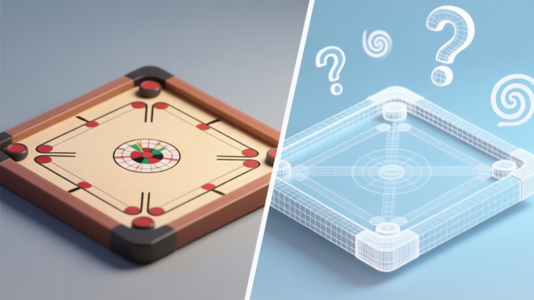 自动生成图片: A split-screen image showing a classic 2D carrom board on one side and a speculative, wireframe 3D carrom board on the other, with question marks and swirling rumor icons in the background, in a soft blue and grey color scheme high quality illustration, detailed, 16:9