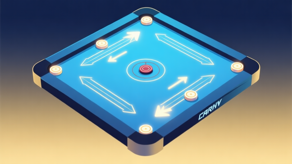 A dynamic, minimalist illustration of a Carrom board from a top-down view, with glowing pieces and strategic arrows indicating movement paths, soft blue and gold gradient background, clean esports aesthetic high quality illustration, detailed, 16:9