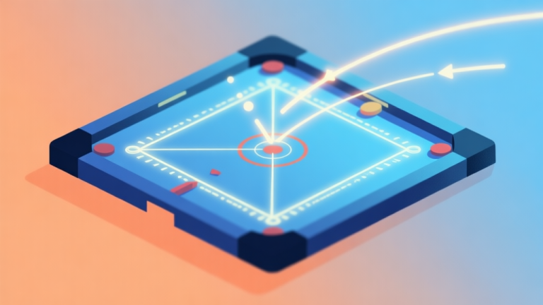 自动生成图片: Abstract digital illustration of a carrom board with glowing trajectory lines and force vectors, soft blue and orange gradient background, minimalist game design concept high quality illustration, detailed, 16:9
