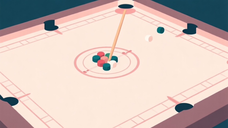自动生成图片: A minimalist top-down view of a carrom board, showing an ideal positional play. The striker's path ends in a safe central zone, while the player's pieces are clustered near a pocket. Soft pastel colors, clean lines, strategic diagram style high quality illustration, detailed, 16:9