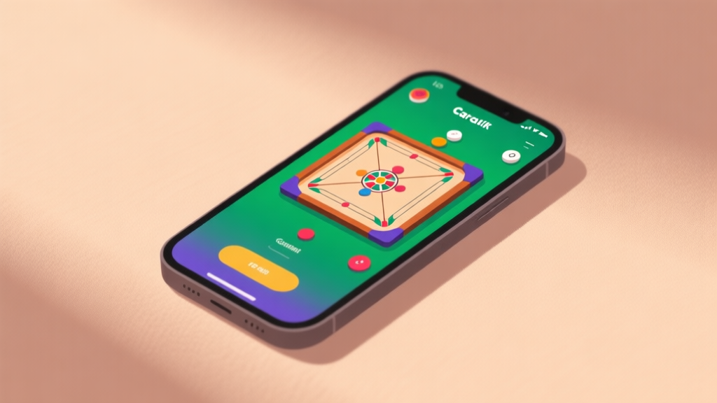 A modern, minimalist illustration of a smartphone screen showing a vibrant Carrom board game interface, placed on a soft, textured background in warm, neutral tones, with subtle shadows and clean lines high quality illustration, detailed, 16:9