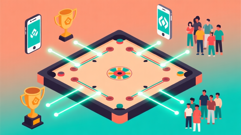 A vibrant and dynamic digital illustration showing a stylized carrom board at the center, with glowing connection lines radiating out to icons representing mobile phones, esports trophies, and diverse groups of people. Soft gradient background in warm Indonesian-inspired colors like terracotta and teal, modern flat design style high quality illustration, detailed, 16:9