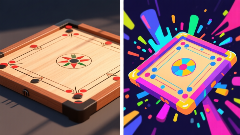 自动生成图片: Split-screen illustration showing two distinct styles of a carrom board game. Left side: clean, realistic wooden board with precise shadows, minimalist design. Right side: vibrant, stylized board with colorful particle effects and dynamic angles, modern game aesthetic. high quality illustration, detailed, 16:9