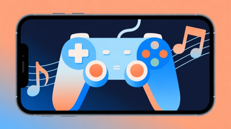 自动生成图片: Abstract illustration of a smartphone screen showing a game controller merging with musical notes, soft gradient of blue and orange, clean lines, modern digital art style, representing collaboration high quality illustration, detailed, 16:9