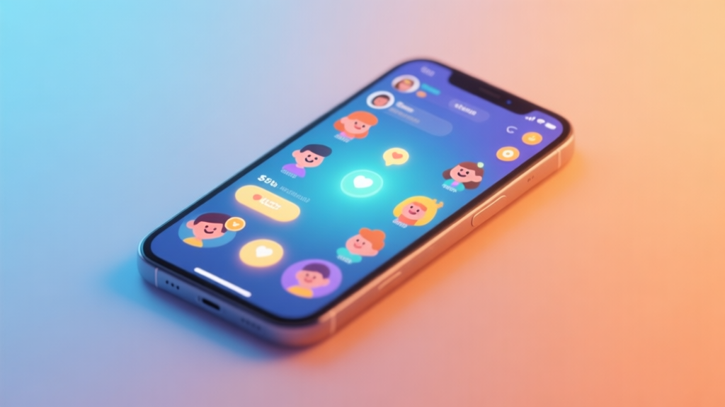 A modern smartphone screen showing a vibrant and social mobile game interface, with soft glowing notifications and friendly avatars, set against a warm, gradient background in soft blues and oranges, minimalist design high quality illustration, detailed, 16:9
