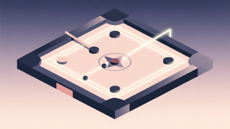 自动生成图片: A minimalist abstract illustration of a Carrom board from a top-down view, with geometric shapes representing striker and pieces, soft glowing lines showing strategic paths and angles, on a calm gradient background, professional and clean design high quality illustration, detailed, 16:9
