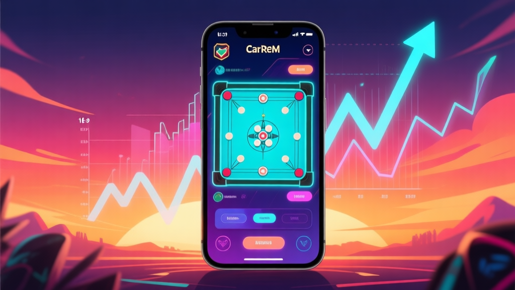 A vibrant digital illustration showing a glowing smartphone screen displaying a Carrom board game interface, overlayed with abstract graphs and upward trend lines, set against a gradient background of warm Indonesian sunset colors, modern esports aesthetic high quality illustration, detailed, 16:9