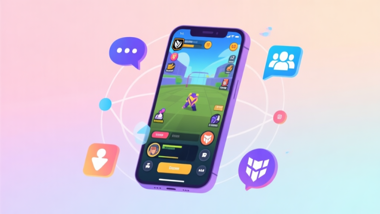 自动生成图片: A vibrant yet soft-toned digital illustration showing a smartphone screen with a popular mobile game interface, surrounded by abstract social connection icons like speech bubbles and team symbols, on a gradient pastel background, minimalist esports theme high quality illustration, detailed, 16:9