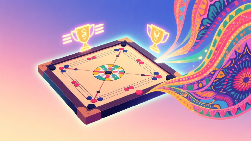 A vibrant digital illustration of a Carrom board floating in the center, with glowing tournament brackets radiating from one side and intricate, colorful Batik patterns flowing from the other, symbolizing the fusion of competition and culture, soft gradient background, modern illustration style high quality illustration, detailed, 16:9