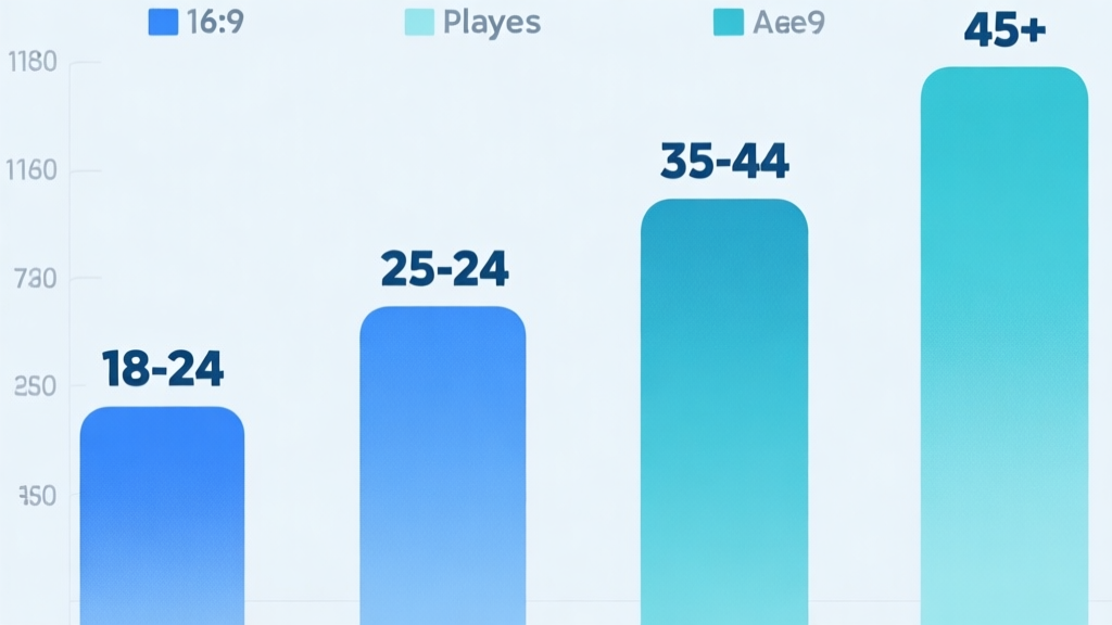 A demographic chart showing age distribution of players, with bars for 18-24, 25-34, 35-44, and 45+ age groups, using a soft color palette of blues and teals, clean minimalist design on a light background high quality illustration, detailed, 16:9