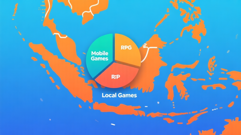 自动生成图片: A dynamic digital landscape showing a pie chart with growing segments for Mobile Games, RPG, and Local Games, overlayed on a map of Indonesia, soft gradient blues and oranges, clean infographic style high quality illustration, detailed, 16:9