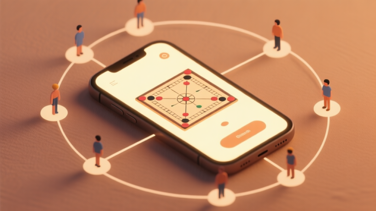 自动生成图片: A minimalist digital illustration showing a glowing smartphone screen with a stylized carrom board game interface, placed on a soft, textured background in warm, earthy tones. Abstract lines connect the phone to multiple smaller player avatars around it, symbolizing online connection and community. high quality illustration, detailed, 16:9