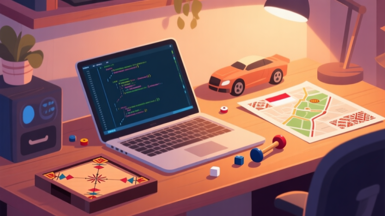 自动生成图片: A stylized, warm illustration of a game developer's desk with a laptop showing code, a carrom striker and pieces, and a roadmap document with Indonesian motifs, soft lighting, cozy atmosphere high quality illustration, detailed, 16:9