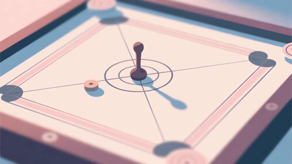 A top-down minimalist view of a Carrom board, with soft-focus striker pieces in strategic positions, pastel color scheme, clean lines, and subtle shadow effects, conveying a sense of strategic planning high quality illustration, detailed, 16:9