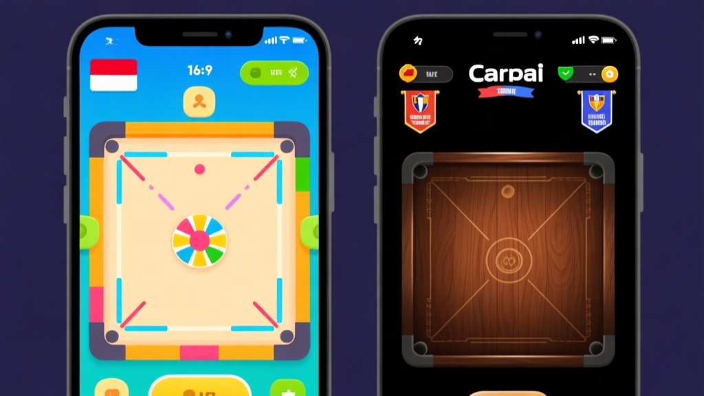 Split-screen illustration showing two distinct mobile game interfaces. Left side shows a bright, colorful carrom game UI with Indonesian flag elements and simple icons. Right side shows a sleek, dark-themed carrom game interface with polished wood texture and global tournament banners. Minimalist design, clean lines. high quality illustration, detailed, 16:9