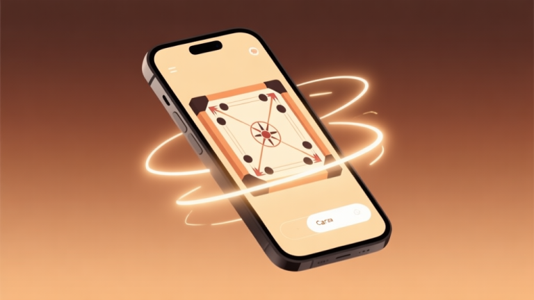 自动生成图片: A modern, minimalist illustration of a glowing smartphone screen displaying an abstract Carrom board interface, with soft light trails representing digital competition, set against a warm, gradient background of earthy tones high quality illustration, detailed, 16:9