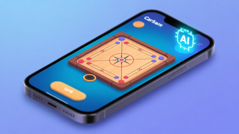 自动生成图片: A modern smartphone screen displaying a vibrant digital Carrom board game interface, with a subtle glowing AI icon in the corner, soft blue and warm wooden color palette, clean and inviting digital illustration high quality illustration, detailed, 16:9