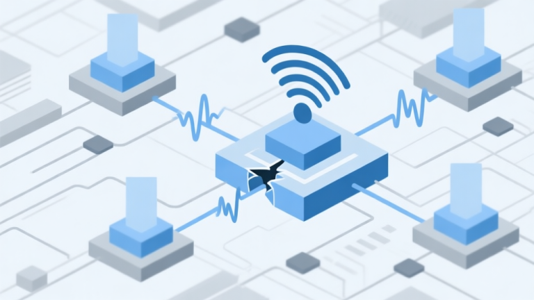 自动生成图片: Abstract network connection diagram showing unstable signal waves and broken links, soft blue and grey color scheme, minimalist digital infrastructure illustration, clean lines and geometric shapes high quality illustration, detailed, 16:9