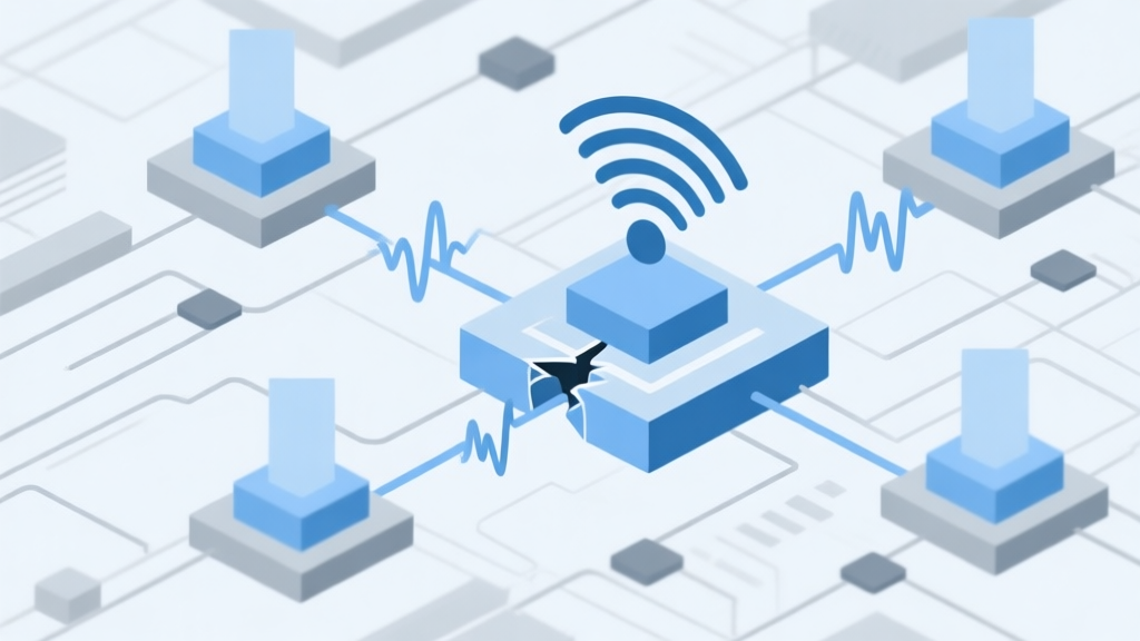 Abstract network connection diagram showing unstable signal waves and broken links, soft blue and grey color scheme, minimalist digital infrastructure illustration, clean lines and geometric shapes high quality illustration, detailed, 16:9