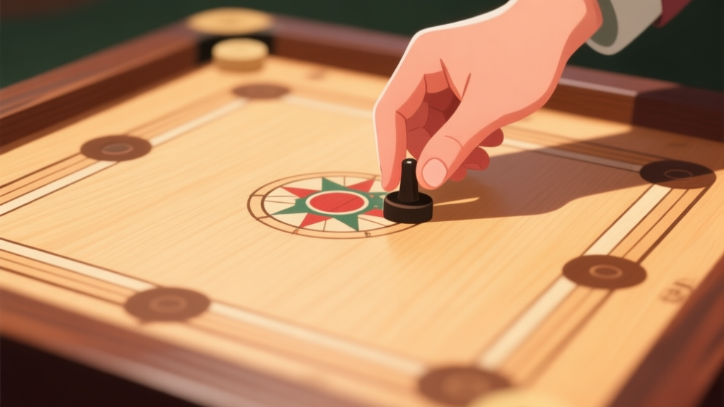 A top-down view of a Carrom board with a beginner's hand positioning the striker, soft focus on the fingers, warm wooden tones of the board, natural lighting, minimalist style high quality illustration, detailed, 16:9