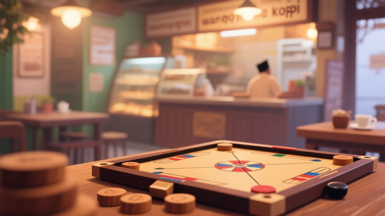自动生成图片: A warm, cozy scene of a traditional Indonesian 'warung kopi' with a Carrom board in the foreground, soft focus on the wooden pieces, ambient lighting, nostalgic and inviting atmosphere, soft color palette high quality illustration, detailed, 16:9