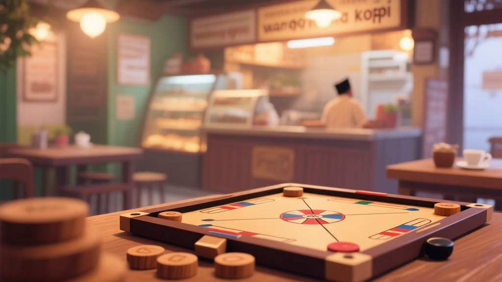 A warm, cozy scene of a traditional Indonesian 'warung kopi' with a Carrom board in the foreground, soft focus on the wooden pieces, ambient lighting, nostalgic and inviting atmosphere, soft color palette high quality illustration, detailed, 16:9