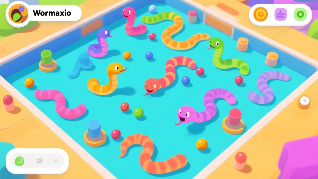 A vibrant, top-down view of a Wormaxio game arena, showing multiple colorful snake-like worms of different sizes navigating around pellets and obstacles, with a clean and modern UI overlay, in a bright and inviting color palette high quality illustration, detailed, 16:9