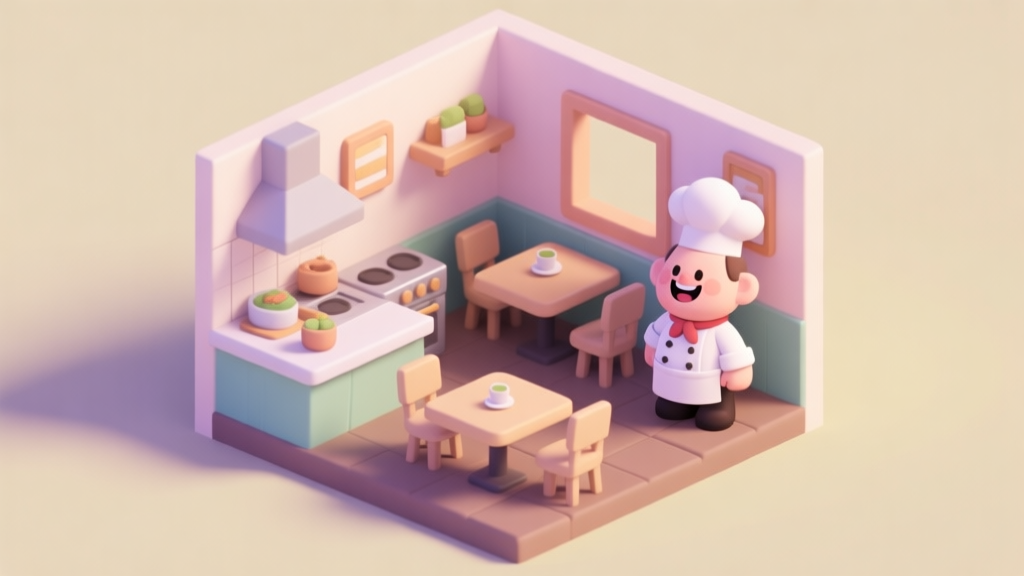 A cozy, isometric illustration of a small virtual restaurant interior, with a simple kitchen counter, a few tables, and a smiling cartoon chef character. Soft pastel colors, clean lines, digital game art style high quality illustration, detailed, 16:9