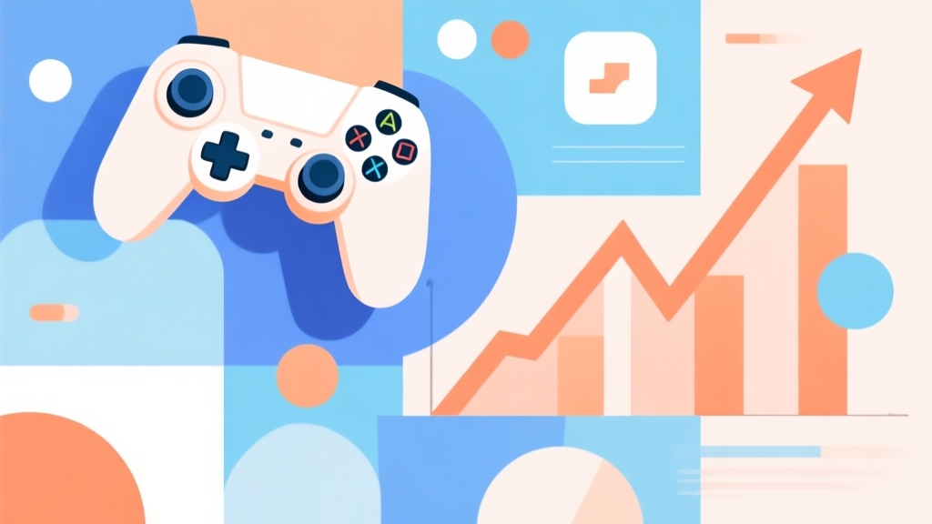 A vibrant yet soft-toned digital collage showing abstract game controllers, rising trend graphs, and playful geometric shapes, blending light blues, gentle oranges, and whites, in a modern minimalist style high quality illustration, detailed, 16:9