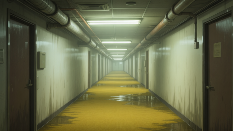 自动生成图片: A seemingly endless, well-lit office basement corridor with damp yellow carpet, flickering fluorescent lights, and pipes running along the ceiling, viewed from a first-person perspective, creating a sense of eerie normalcy and quiet dread, soft muted colors high quality illustration, detailed, 16:9